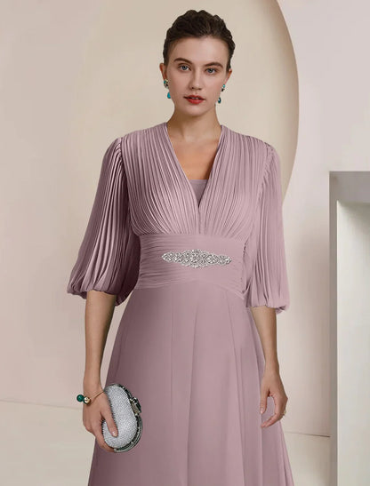 A-Line Mother of the Bride Dress Formal Wedding Guest Party Vintage Elegant V Neck Tea Length Chiffon 3/4 Length Sleeve with Pleats Crystals