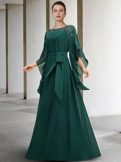 A-Line Mother of the Bride Dress Luxurious Elegant Jewel Neck Floor Length Chiffon Half Sleeve with Sash / Ribbon Beading