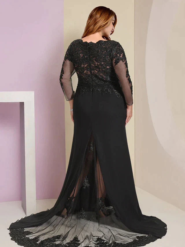 DingjiPlus Size Curve Mother of the Bride Dress Wedding Guest Vintage Party V Neck Court Train Chiffon Lace Long Sleeve with Sequin