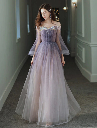 Aimishang A-Line Minimalist Elegant Party Wear Prom Dress Off Shoulder Long Sleeve Floor Length Tulle with Appliques