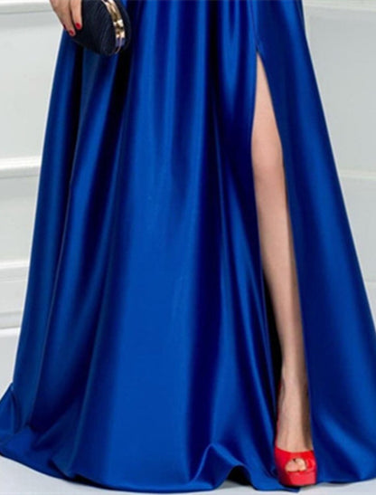 Aimishang A-Line Evening Gown Elegant Dress Formal Wedding Guest Floor Length Long Sleeve V Neck Satin with Slit Appliques