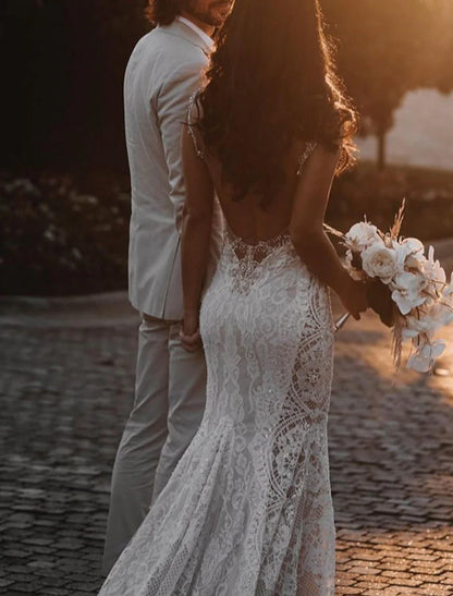 Aimishang Beach Open Back Sexy Boho Wedding Dresses Mermaid / Trumpet V Neck Sleeveless Court Train Lace Bridal Gowns With Appliques