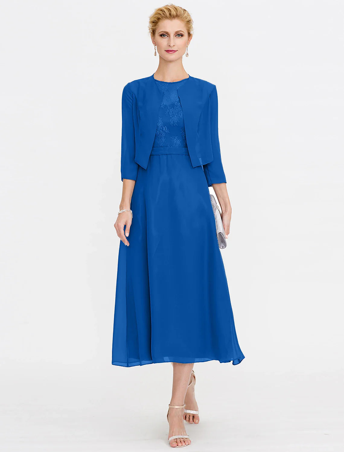 Aimishang A-Line Mother of the Bride Dress Fall Wedding Guest Dresses Plus Size Elegant Illusion Neck Tea Length Chiffon Corded Lace Sleeveless Wrap Included with Lace Pleats