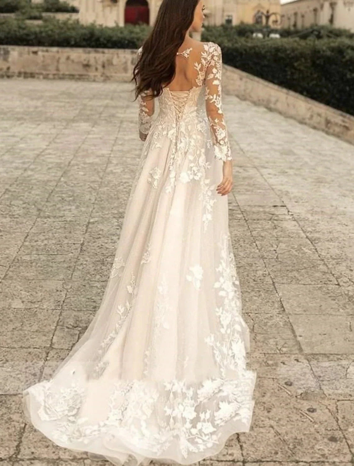 Aimishang Beach Formal Wedding Dresses A-Line V Neck Long Sleeve Sweep / Brush Train Lace Bridal Gowns With Flower Solid Color