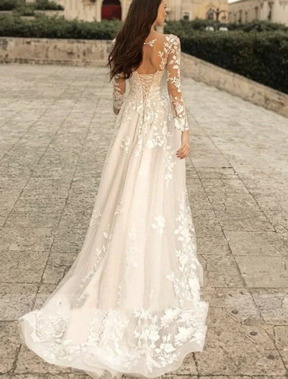 Aimishang Beach Formal Wedding Dresses A-Line V Neck Long Sleeve Sweep / Brush Train Lace Bridal Gowns With Flower Solid Color