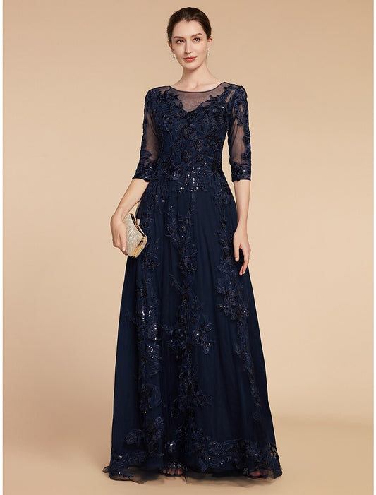 Aimishang  A-Line Mother of the Bride Dress Formal Wedding Guest Elegant Party Scoop Neck Floor Length Chiffon Lace 3/4 Length Sleeve with Sequin Appliques