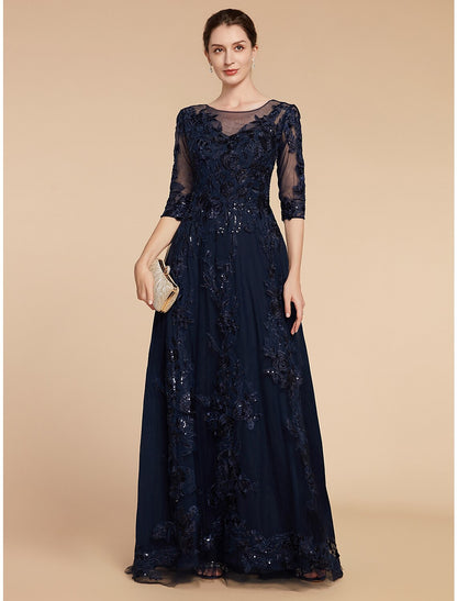 Aimishang  A-Line Mother of the Bride Dress Formal Wedding Guest Elegant Party Scoop Neck Floor Length Chiffon Lace 3/4 Length Sleeve with Sequin Appliques