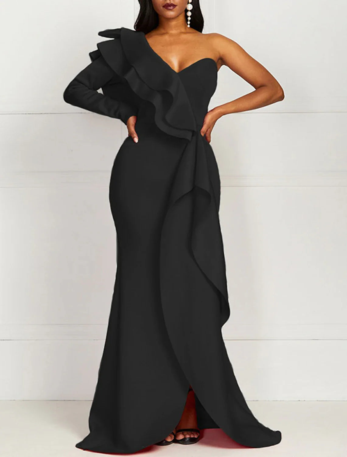 Mermaid / Trumpet Evening Gown Elegant Dress Formal Evening Floor Length Long Sleeve One Shoulder Fall Wedding Guest  Fabric with Ruffles Pure Color