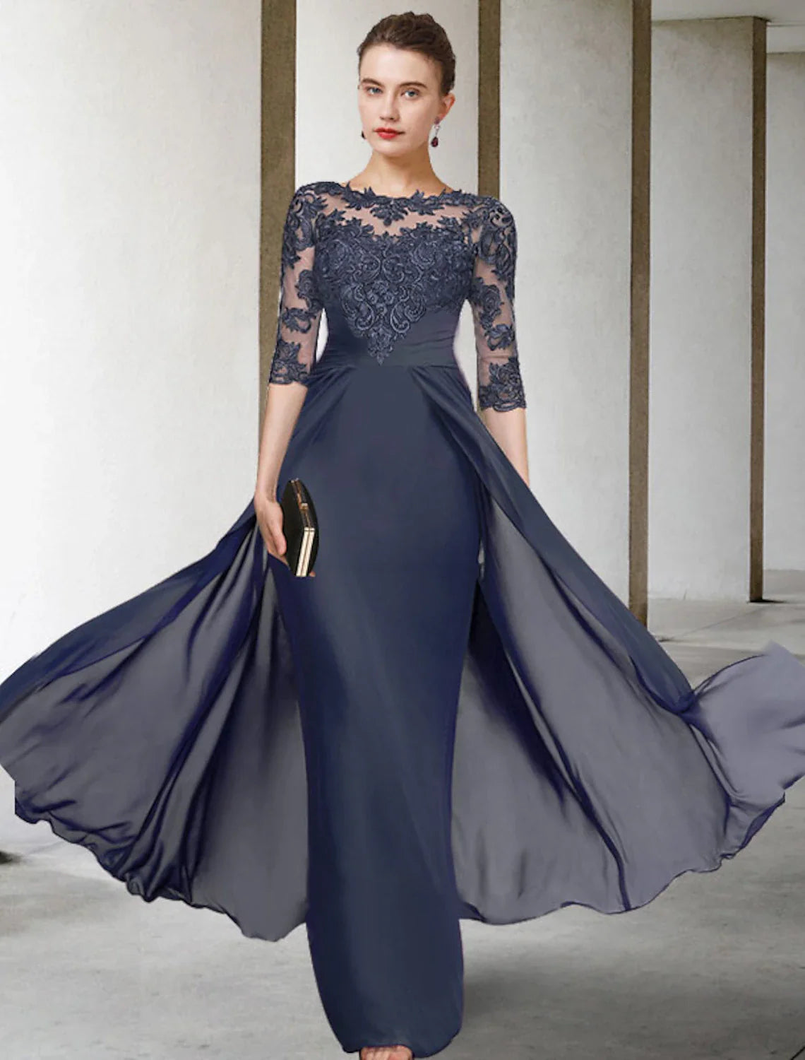 Sheath / Column Mother of the Bride Dress Elegant Plus Size Jewel Neck V Neck Floor Length Chiffon Lace Half Sleeve with Ruched Appliques
