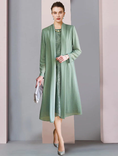 Aimishang  Two Piece Sheath / Column Mother of the Bride Dress Formal Wedding Guest Party Elegant Scoop Neck Tea Length Chiffon Lace 3/4 Length Sleeve Jacket Dresses with Solid Color