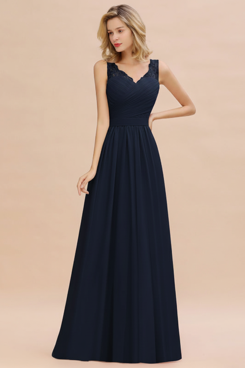 Modest Floral Lace A-line Bridesmaid Dress V-Neck Ruched Chiffon Wedding Guest Dress