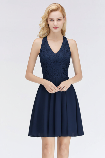 V-Neck Knee Length Floral Lace Birdesmaid Dresses