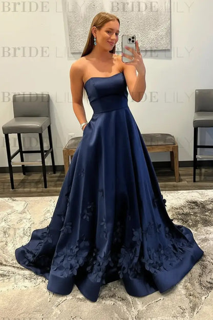 Strapless Light Blue Satin Prom Dresses 3D Flowers A-line Evening Dresses with Pocket