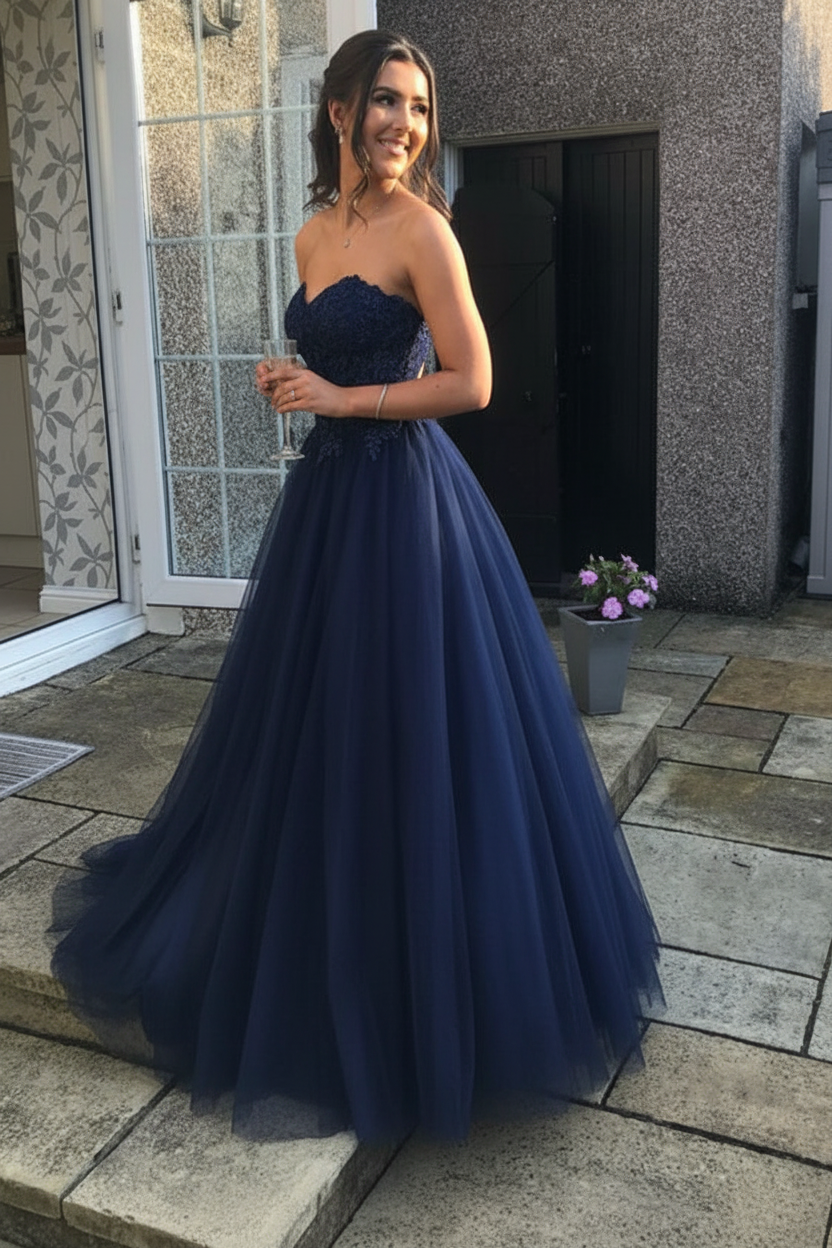Sweetheart Open Back Pink Lace Long Prom Dresses Tulle Aline Formal Evening Dresses