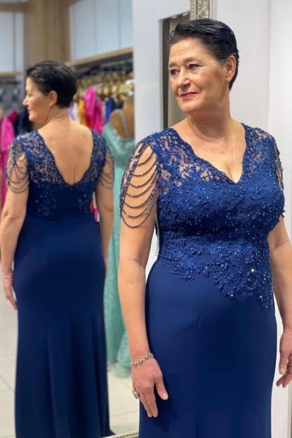 Navy blue v-neck column Long Mother of the Bride Dress with Tassels