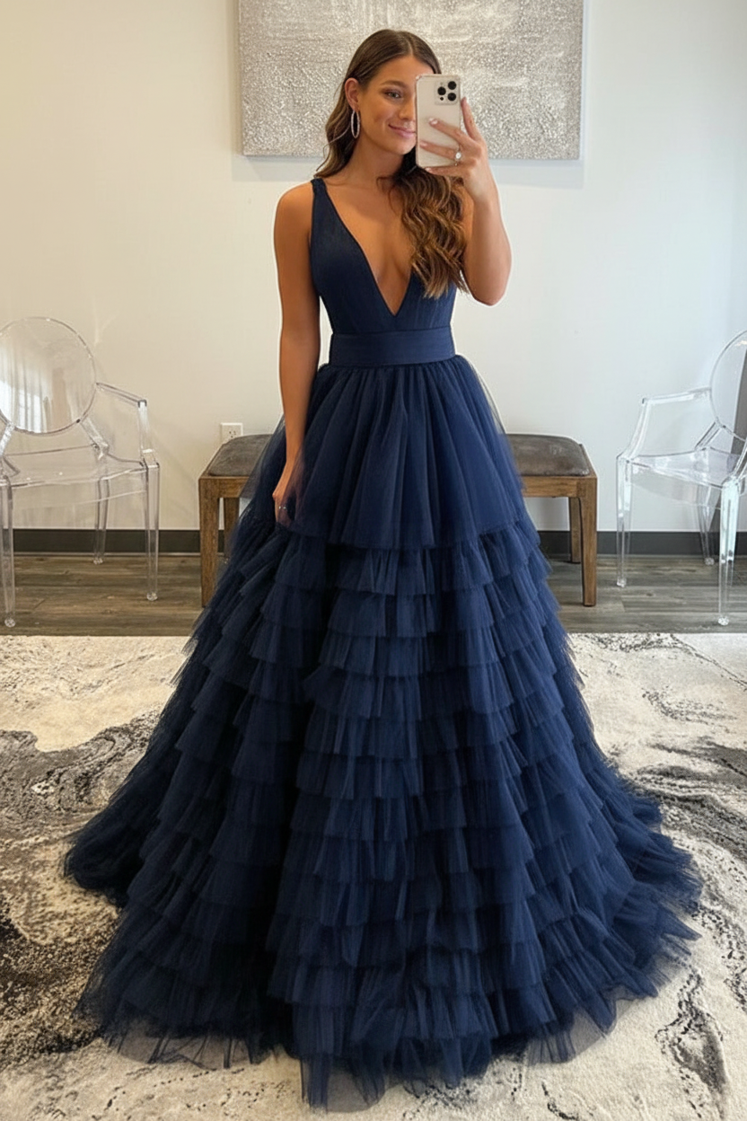V Neck Layered Tulle Long Prom Dresses Orange Aline Formal Evening Dresses