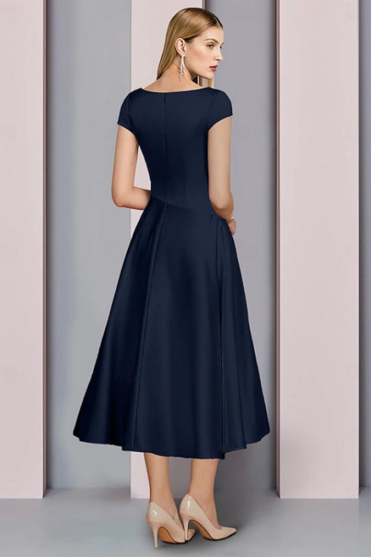 Navy Satin A-Line Mother of the Bride Dress V Neck Tea Length Wedding Guest Dress