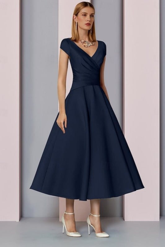 Navy Satin A-Line Mother of the Bride Dress V Neck Tea Length Wedding Guest Dress