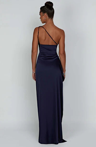 One-Shoulder Luxury lightweight satin Thigh high split Formal Prom Dress