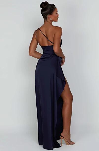 One-Shoulder Luxury lightweight satin Thigh high split Formal Prom Dress