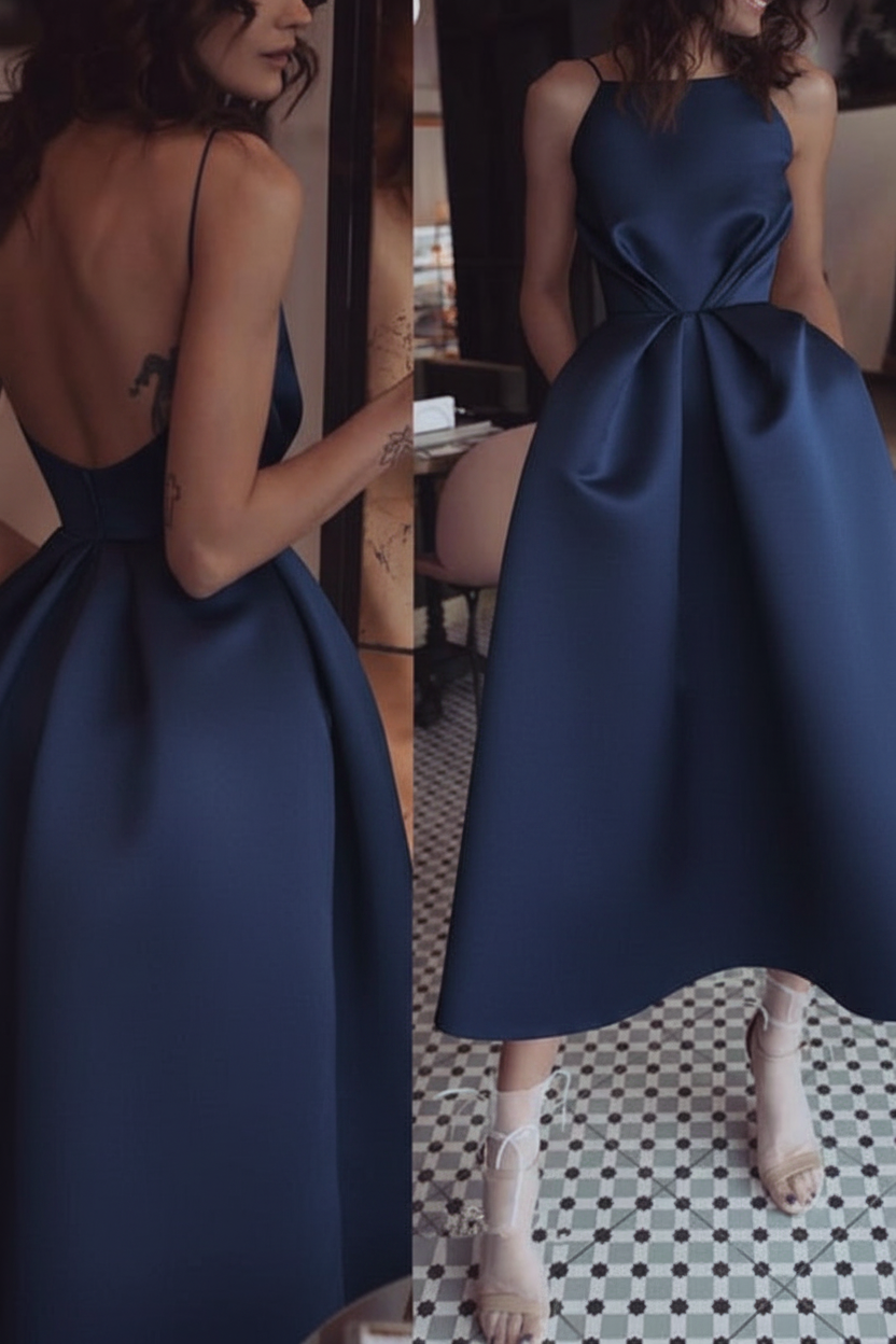 Unique Tea Length Satin Party Spaghetti Straps Backless Prom Dress