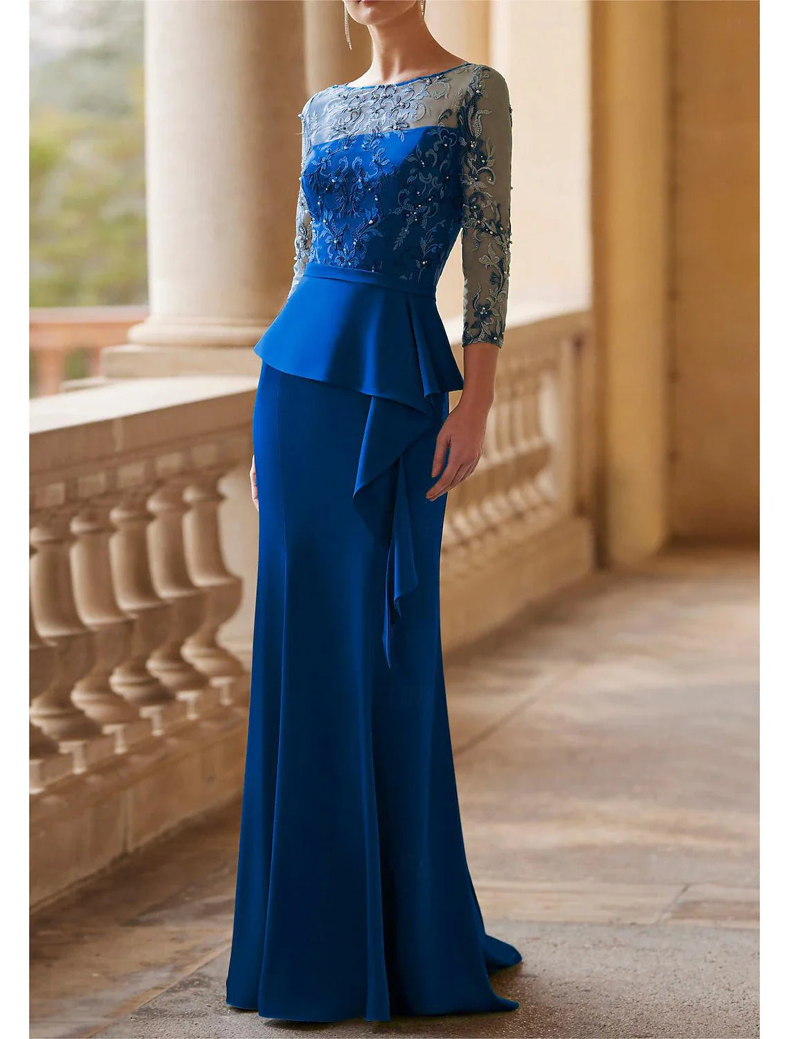 Mermaid/Small Mother of the bride dresses Wedding Guests Elegant Retro Party Illusion Neckline and Floor Length Lace  Fabric 3/4 Long Sleeves Half Sleeve Belt/Ribbon Pleated Beads