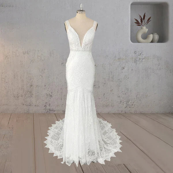 Mermaid White V Neck Illusion Wedding Dress