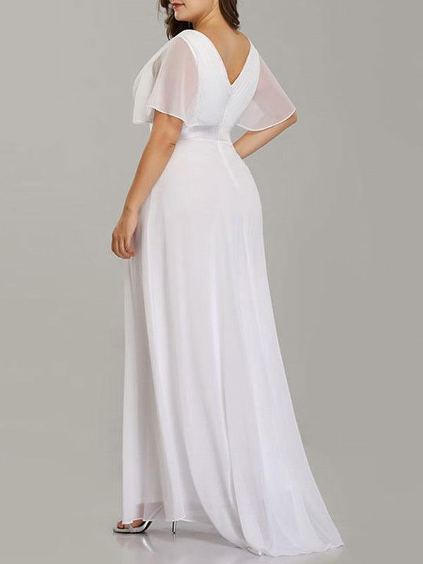 Neck Short Sleeves A Line Floor Length Chiffon Sash Plus Size Wedding Guest Dress