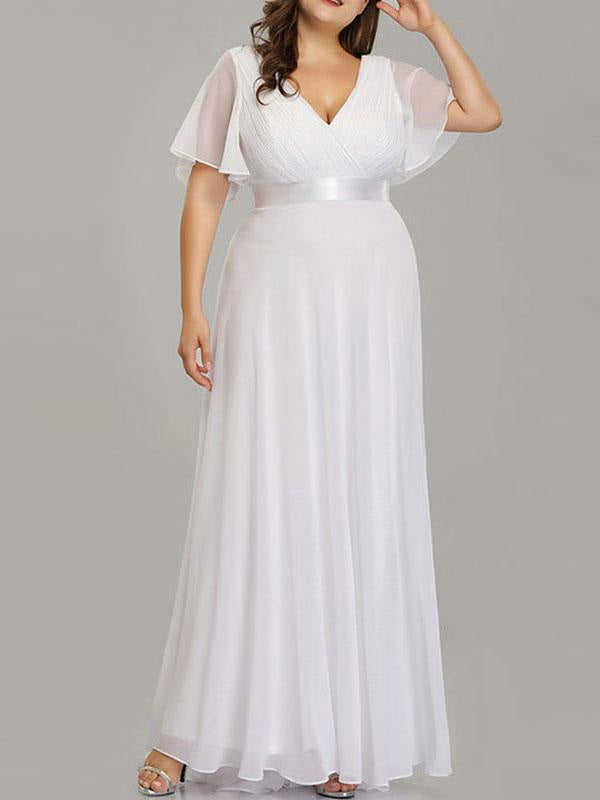 Neck Short Sleeves A Line Floor Length Chiffon Sash Plus Size Wedding Guest Dress