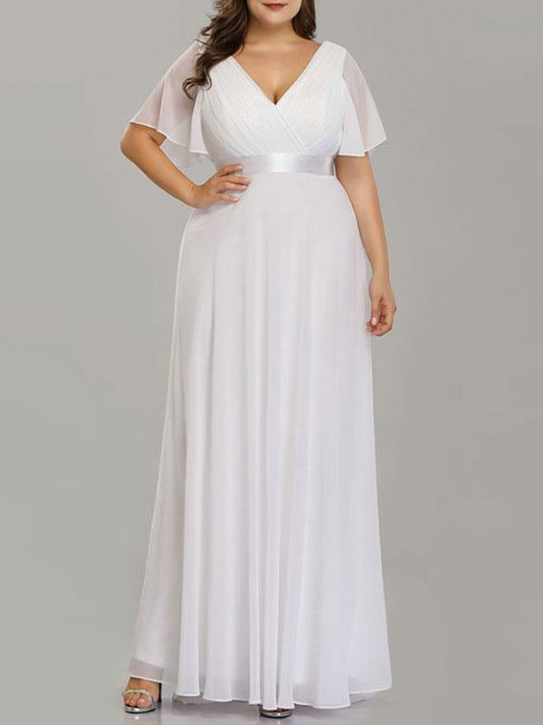 Neck Short Sleeves A Line Floor Length Chiffon Sash Plus Size Wedding Guest Dress