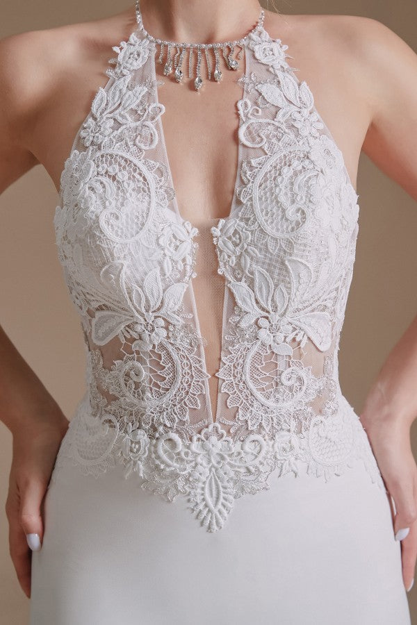 New Arrival Long Mermaid Backless Halter Wedding Dress with Lace Appliques