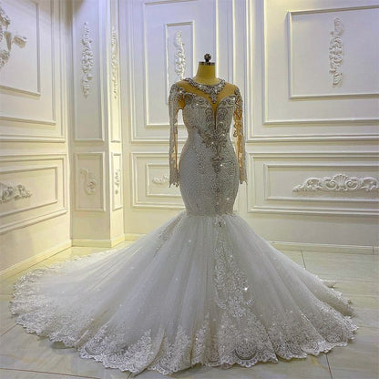 New Arrival Long Sleeves Mermaid Wedding Dress with Beadings and Appliques