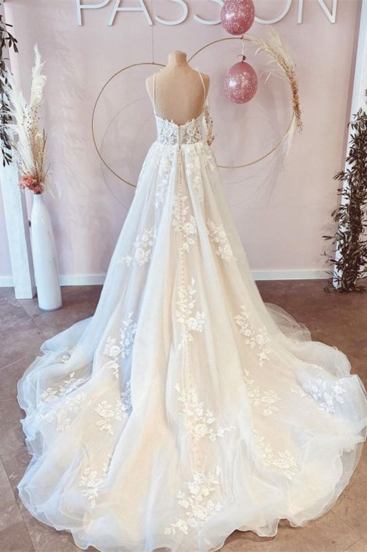 New Arrival Spaghetti-Straps V-Neck Tulle Lace Wedding Dress with Lace Appliques
