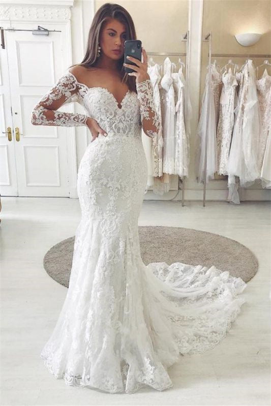 New Arrival V-Neck Lace Off-the-Shoulder Long Sleeves Wedding Dress With Appliques
