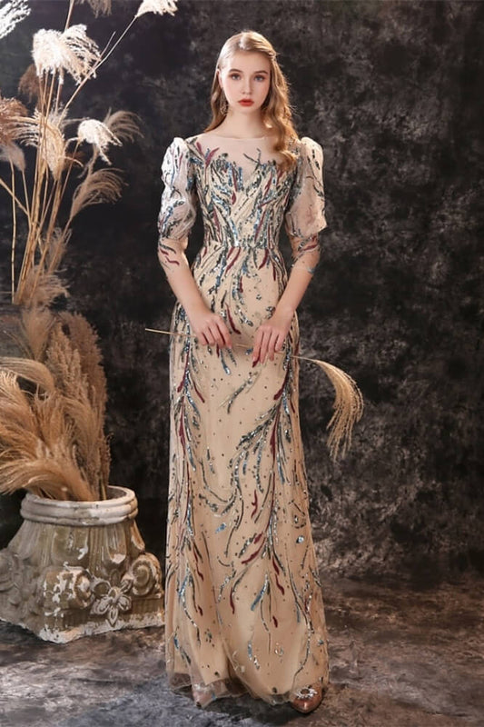 New Half Sleeves Sequins Mermaid Prom Gown w/ Sheer Long Sleeves