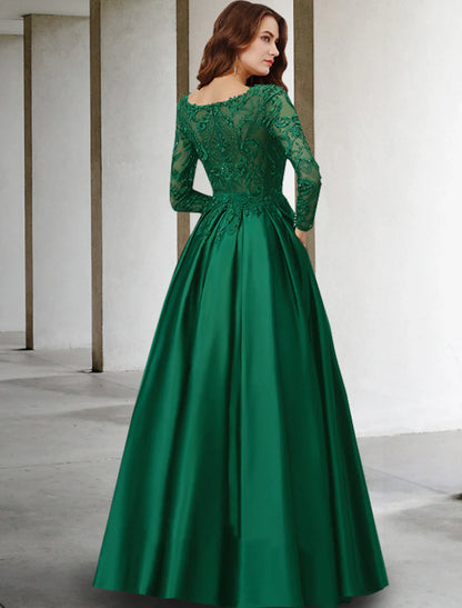 Aimishang A-Line Mother of the Bride Dress Luxurious Elegant V Neck Floor Length Chiffon Lace Long Sleeve with Pleats Appliques