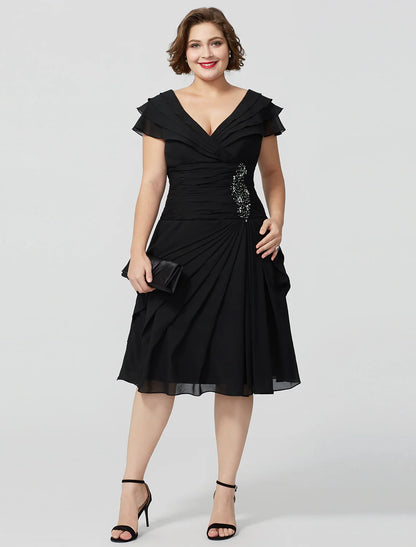 Aimishang A-Line Mother of the Bride Dress Plus Size Elegant Sexy V Neck Knee Length Chiffon Short Sleeve No with Beading Tiered