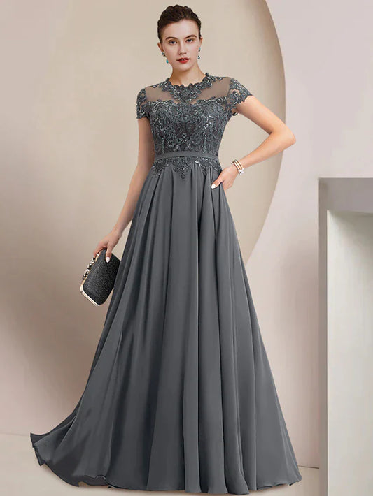 Sheath / Column Mother of the Bride Dress Wedding Guest Party Elegant Jewel Neck Floor Length Chiffon Lace Short Sleeve with Pleats Sequin