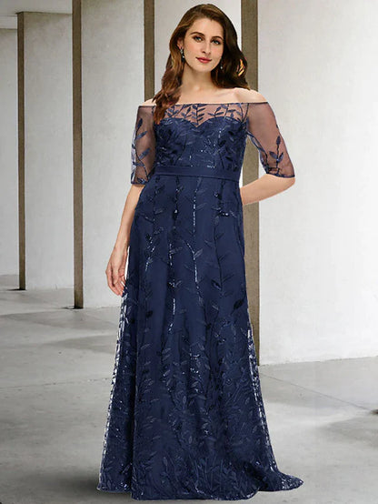 A-Line Plus Size Curve Mother of the Bride Dresses Plus Size Dress Formal Floor Length Half Sleeve Off Shoulder Tulle with Sequin Embroidery
