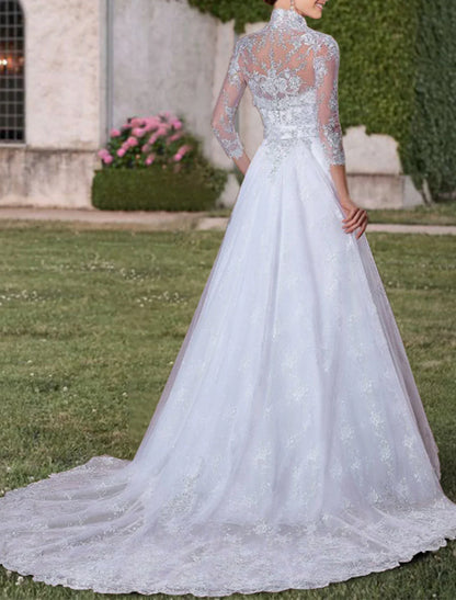 Aimishang Engagement Formal Wedding Dresses Two Piece Sweetheart 3/4 Length Sleeve Court Train Lace Bridal Gowns With Beading Appliques