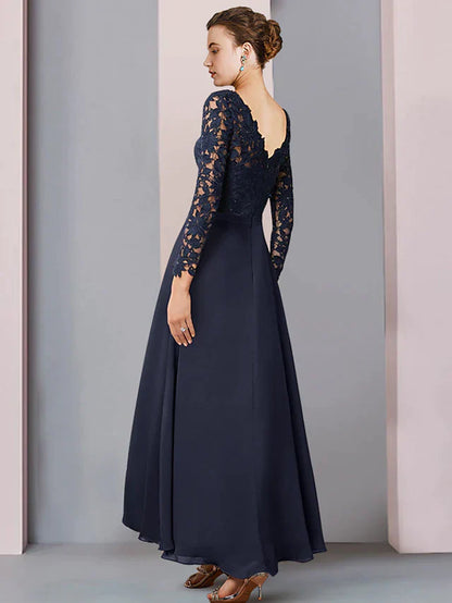 DingjiSheath / Column Mother of the Bride Dress Wedding Guest Vintage Elegant V Neck Asymmetrical Chiffon Lace Long Sleeve with Pleats