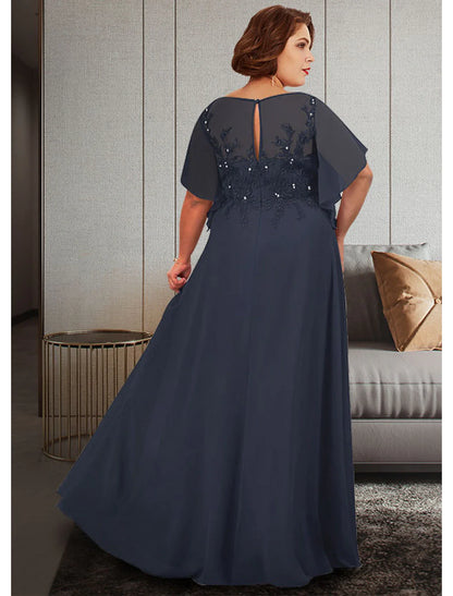 Aimishang A-Line Mother of the Bride Dress Plus Size Elegant Jewel Neck Floor Length Chiffon Lace Half Sleeve with Appliques