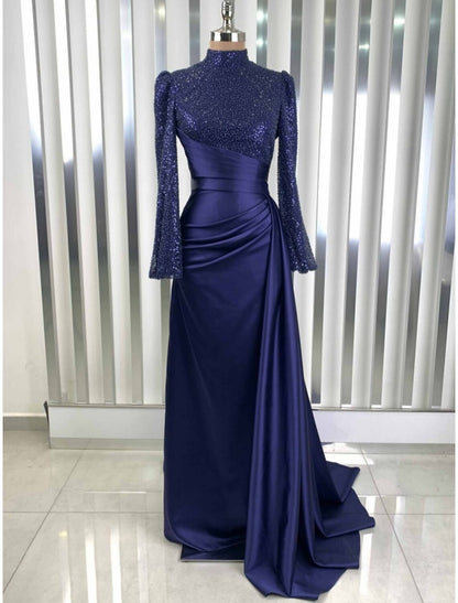 Aimishang A-Line Evening Gown Champagne Christmas Elegant Dress Formal Sweep / Brush Train Long Sleeve High Neck Satin with Glitter Pleats Ruched