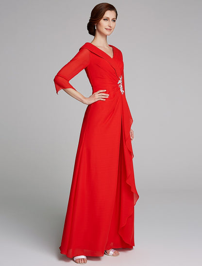 Aimishang A-Line Mother of the Bride Dress Elegant V Neck Floor Length Chiffon Half Sleeve with Pleats Appliques