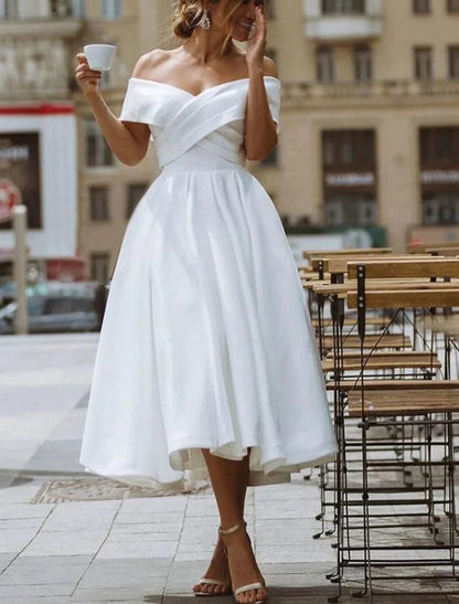 Aimishang Simple Wedding Dresses Satin Little White Dresses A-Line Off Shoulder Formal Short Sleeve Tea Length Bridal Gowns With Solid Color