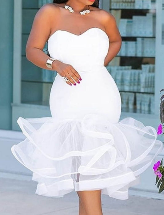 Mermaid / Trumpet Plus Size Sexy Homecoming Prom Dress Sweetheart Neckline Sleeveless Tea Length Satin with Tier