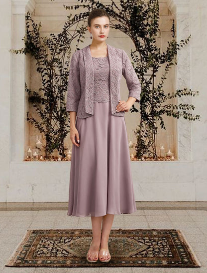 Aimishang  Two Piece A-Line Mother of the Bride Dress Church Elegant Jewel Neck Floor Length Tea Length Chiffon Lace Sleeveless Short Jacket Dresses with Ruffles Appliques