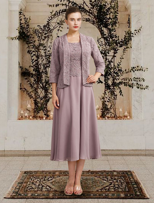 Aimishang  Two Piece A-Line Mother of the Bride Dress Church Elegant Jewel Neck Floor Length Tea Length Chiffon Lace Sleeveless Short Jacket Dresses with Ruffles Appliques