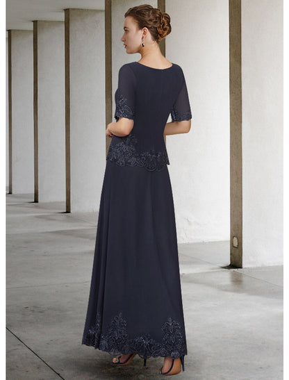 Aimishang A-Line Mother of the Bride Dress Elegant V Neck Ankle Length Chiffon Lace Short Sleeve with Appliques