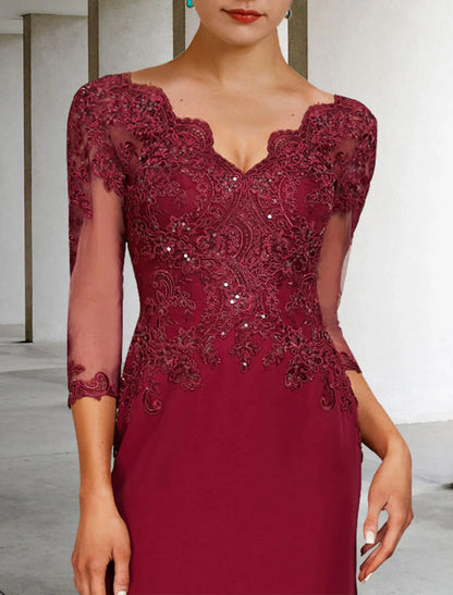 Aimishang  Mermaid / Trumpet Mother of the Bride Dress Luxurious Elegant V Neck Court Train Lace Stretch Chiffon 3/4 Length Sleeve with Sequin Appliques